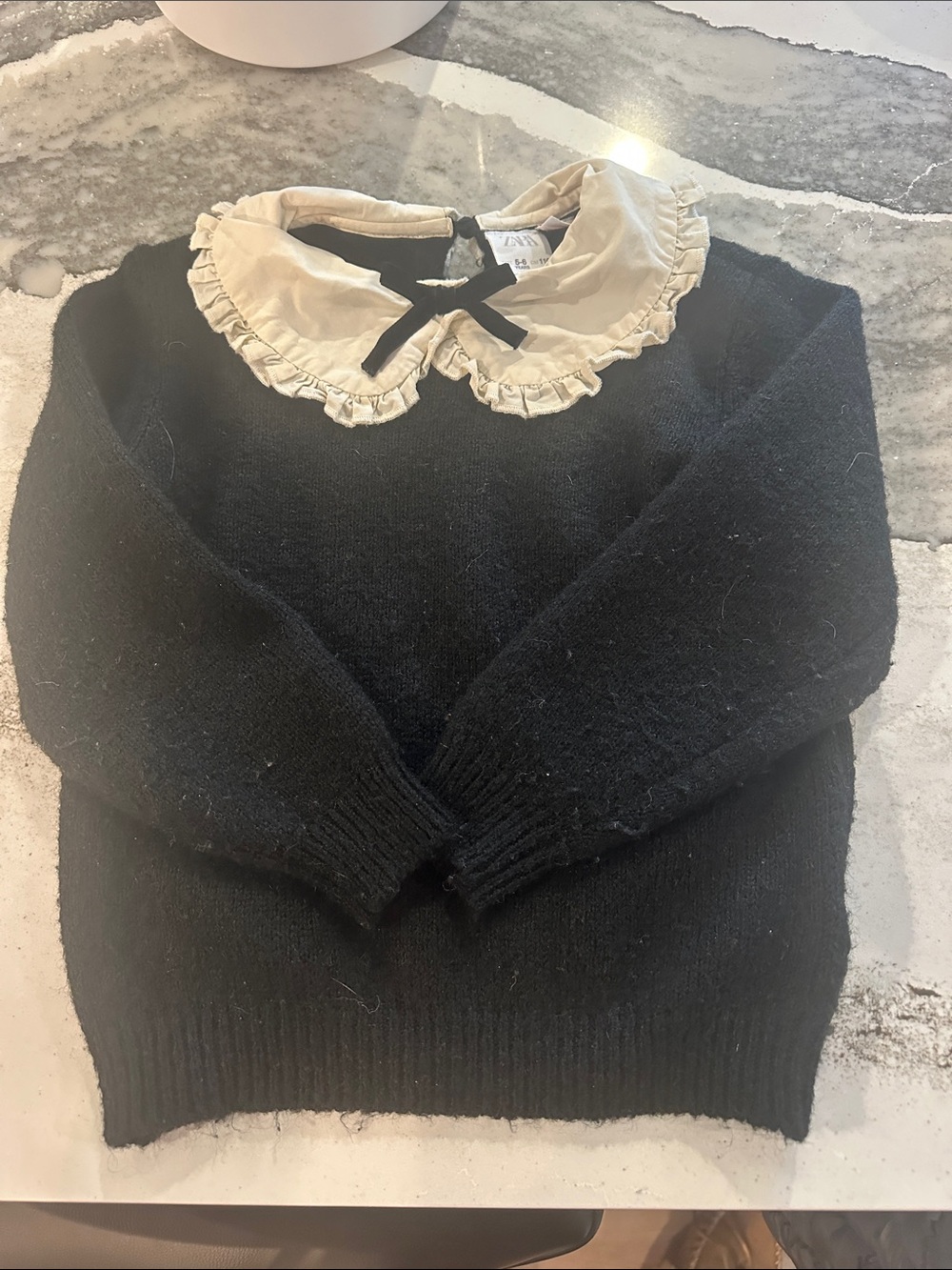 Zara Black Sweater with Cream Ruffle Collar and Bow, Size 5-6